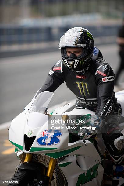 Antony West of Australia and MZ Racing T. Starts from box during the third day of testing at Circuito de Jerez on March 8, 2010 in Jerez de la...