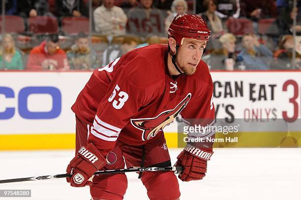 Derek Morris of the Phoenix Coyotes gets ready during a face off against the Colorado Avalanche on March 4, 2010 at Jobing.com Arena in Glendale,...