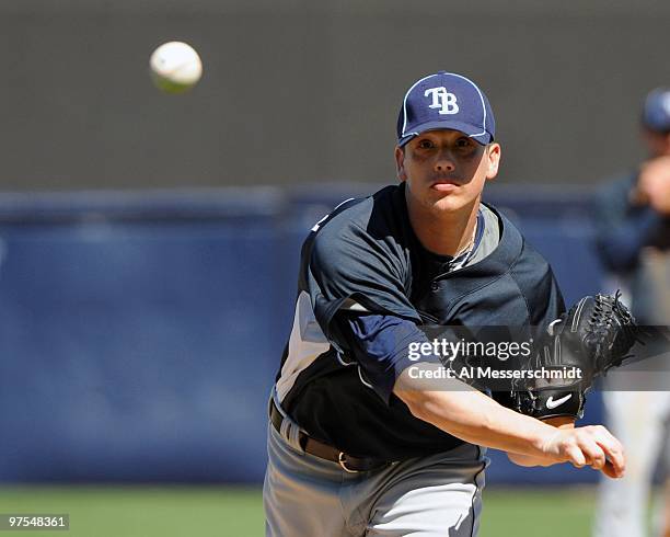 Pitcher Jeremy Hellickson of the Tampa Bay Rays throws in relief against the New York Yankees March 5, 2010 at the George M. Steinbrenner Field in...