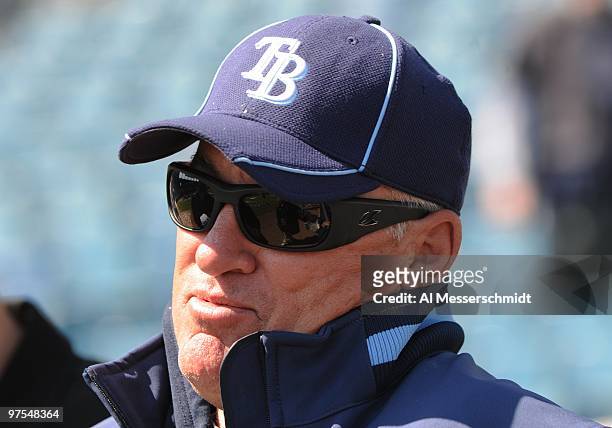 Manager Joe Maddon of the Tampa Bay Rays at batting practice before play against the New York Yankees March 5, 2010 at the George M. Steinbrenner...