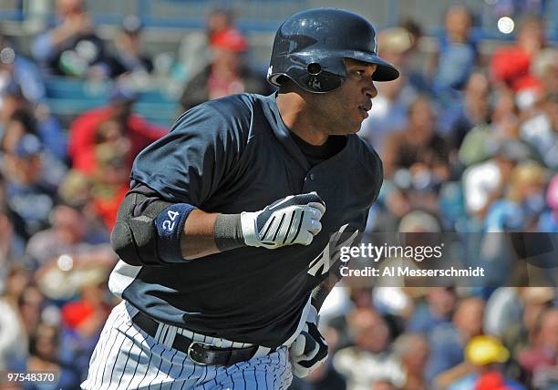 Outfielder Marcus Thames of the New York Yankees bats against the Tampa Bay Rays March 5, 2010 at the George M. Steinbrenner Field in Tampa, Florida.