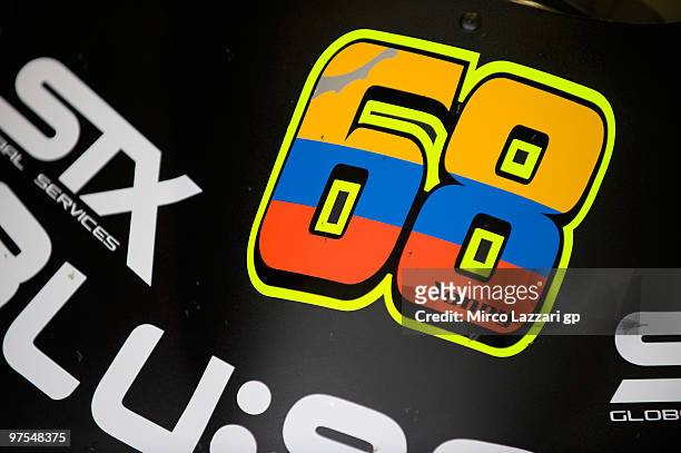 The logo of Yonny Hernandez of Columbia and Blusens - STX during the third day of testing at Circuito de Jerez on March 8, 2010 in Jerez de la...