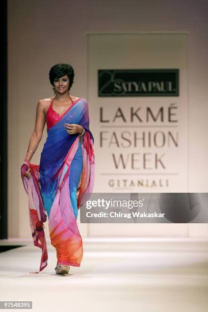Indian actress Mandira Bedi walks the runway in an Satya Paul design at the Lakme India Fashion Week Day 4 held at Grand Hyatt Hotel on March 8, 2010...