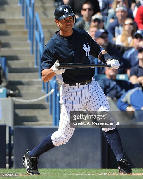 Infielder Alex Rodriguez of the New York Yankees strikes out against the Tampa Bay Rays March 5, 2010 at the George M. Steinbrenner Field in Tampa,...