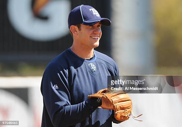 Infielder Evan Longoria of the Tampa Bay Rays at batting practice before play against the New York Yankees March 5, 2010 at the George M....