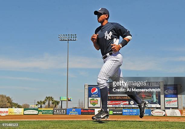 Infielder Alex Rodriguez of the New York Yankees runs the dugout before play against the Tampa Bay Rays March 5, 2010 at the George M. Steinbrenner...