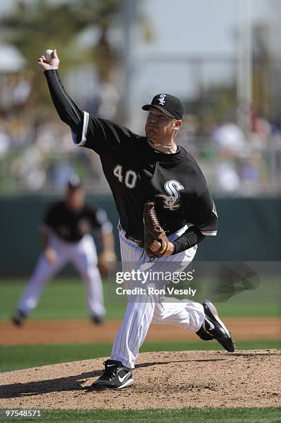 Putz of the Chicago White Sox pitches against the Los Angeles Dodgers on March 5, 2010 at The Ballpark at Camelback Ranch in Glendale, Arizona.