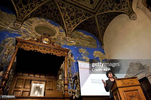 European commissioner Neelie Kroes gestures as she gives a speech on March 8, 2010 at the University of Groningen. Kroes received the Aletta Jacobs...