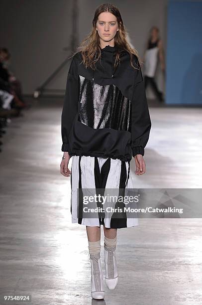 Model walks down the runway during the Jonathan Saunders fashion show, part of London Fashion Week, London on February 23, 2010 in London, England.