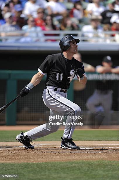 Omar Vizquel of the Chicago White Sox bats against the Chicago Cubs on March 6, 2010 at HoHoKam Park in Mesa, Arizona.