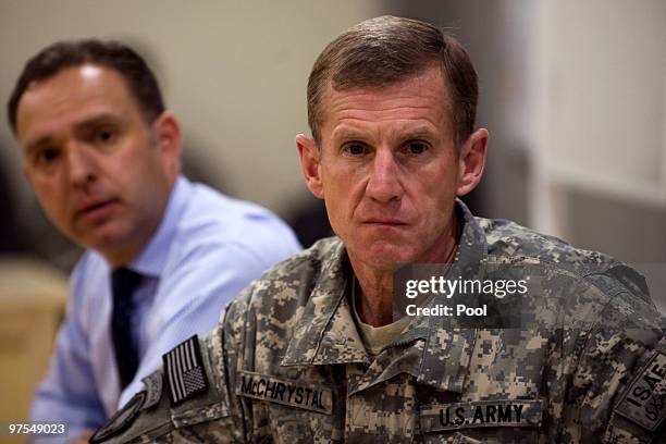 And NATO forces in Afghanistan Commander Gen, Stanley McChrystal and NATO Ambassador Mark Sedwill give a press briefing March 8, 2010 in Kabul,...