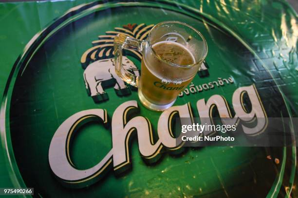 View of a Chang beer in a local bar in a night market in Chiang Mai. On Wednesday, June 13 in Chiang Mai, Thailand.