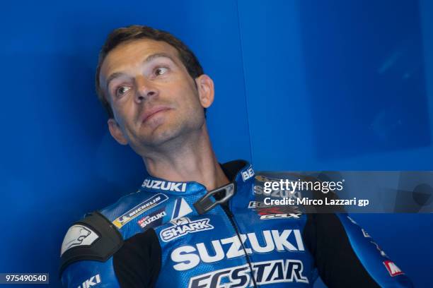 Sylvain Giuntoli of France and Team Suzuki ECSTAR looks on in box during the MotoGp of Catalunya - Free Practice at Circuit de Catalunya on June 15,...