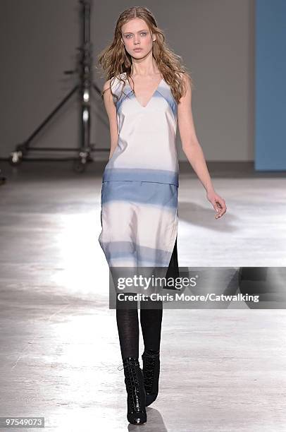 Model walks down the runway during the Jonathan Saunders fashion show, part of London Fashion Week, London on February 23, 2010 in London, England.