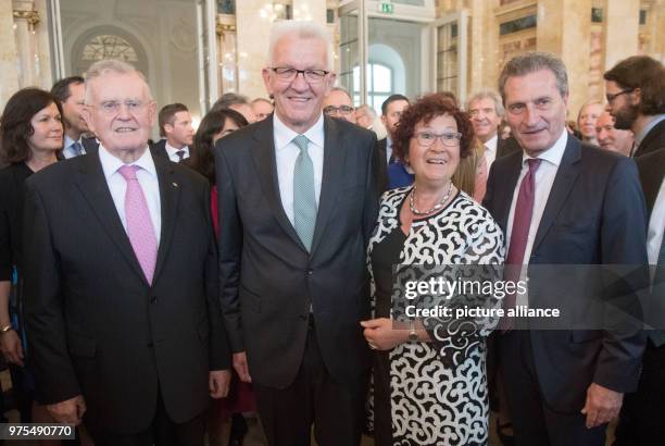 May 2018, Germany, Stuttgart: Former premier of Baden-Wuerttemberg Erwin Teufel , Premier of Baden-Wuerttemberg Winfried Kretschmann , Kretschmann's...