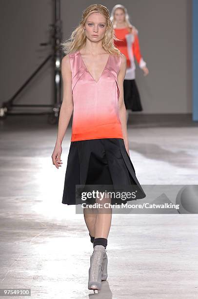 Model walks down the runway during the Jonathan Saunders fashion show, part of London Fashion Week, London on February 23, 2010 in London, England.