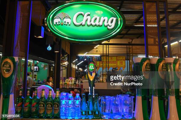 View of a stand with Chang beer for sale in a local night market in Chiang Mai. On Wednesday, June 13 in Chiang Mai, Thailand.