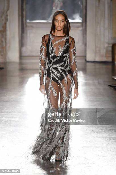 Model Joan Smalls walks the runway at the Alberta Ferretti show during Milan Men's Fashion Week Spring/Summer 2019 on June 15, 2018 in Milan, Italy.