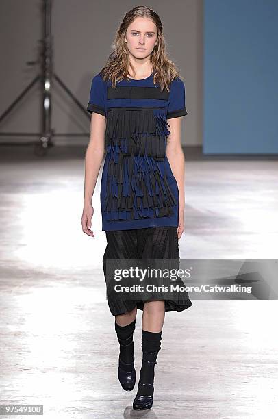 Model walks down the runway during the Jonathan Saunders fashion show, part of London Fashion Week, London on February 23, 2010 in London, England.