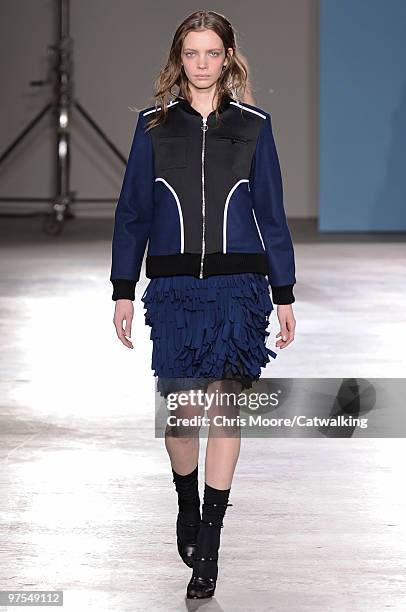 Model walks down the runway during the Jonathan Saunders fashion show, part of London Fashion Week, London on February 23, 2010 in London, England.