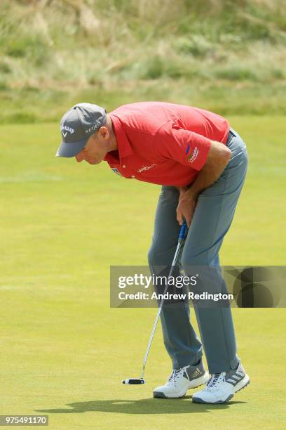 Jim Furyk of the United States reacts on the 18th green during the second round of the 2018 U.S. Open at Shinnecock Hills Golf Club on June 15, 2018...