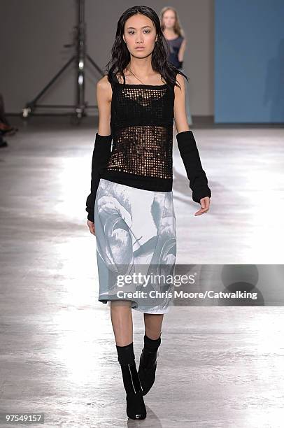 Model walks down the runway during the Jonathan Saunders fashion show, part of London Fashion Week, London on February 23, 2010 in London, England.