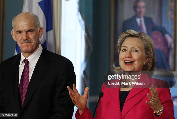 Secretary of State Hillary Clinton and Greek Prime Minister George Papandreou speak to the media after a meeting at the State Department on March 8,...