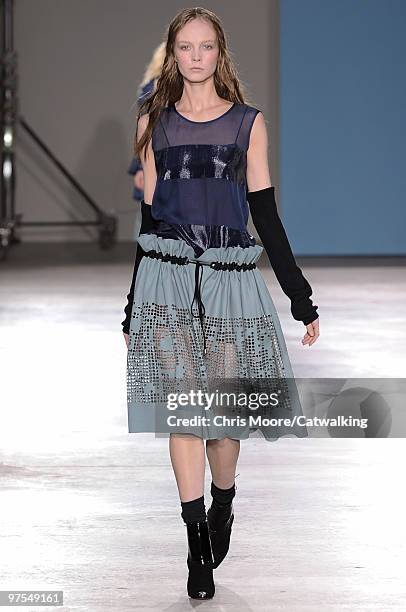 Model walks down the runway during the Jonathan Saunders fashion show, part of London Fashion Week, London on February 23, 2010 in London, England.