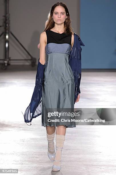 Model walks down the runway during the Jonathan Saunders fashion show, part of London Fashion Week, London on February 23, 2010 in London, England.