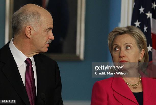 Secretary of State Hillary Clinton and Greek Prime Minister George Papandreou speak to the media after a meeting at the State Department on March 8,...