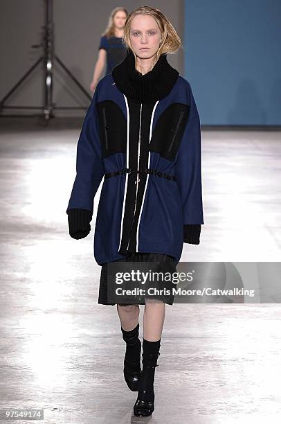 Model walks down the runway during the Jonathan Saunders fashion show, part of London Fashion Week, London on February 23, 2010 in London, England.