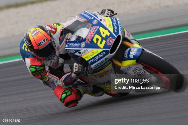 Simone Corsi of Italy and Tasca Racing Scuderia Moto2 rounds the bend during the MotoGp of Catalunya - Free Practice at Circuit de Catalunya on June...