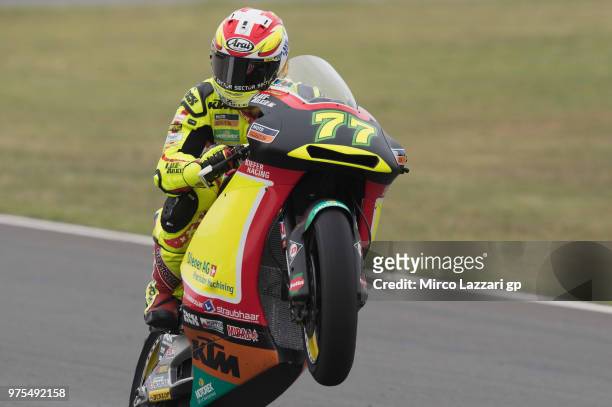 Dominique Aegerter of Swiss and Kiefer Racing lifts the front wheel during the MotoGp of Catalunya - Free Practice at Circuit de Catalunya on June...