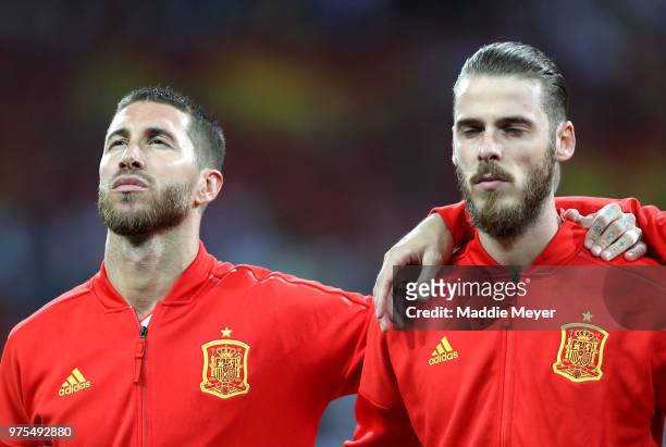 David De Gea and Sergio Ramos of Spain line up for the national anthem prior to the 2018 FIFA World Cup Russia group B match between Portugal and...