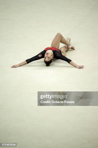 Nora Feher of Hungria competes on the floor during the Artistic Gymnastics World Challenge Cup on June 15, 2018 in Guimaraes, Portugal.