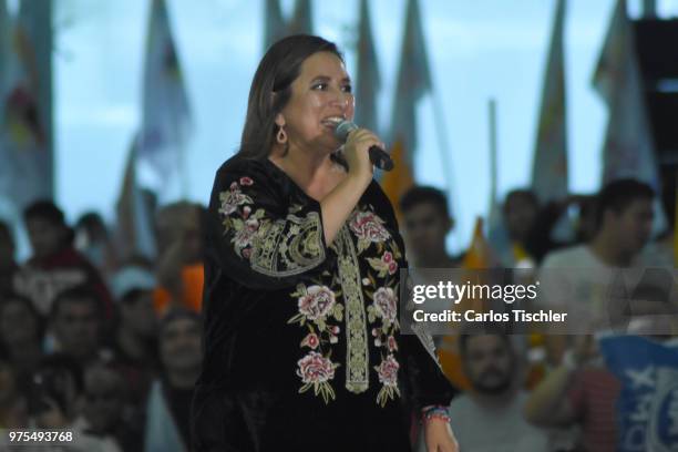 Xóchitl Gálvez Ruiz candidate of México al Frente coalition talks during a Civic Gathering as part of Ricardo Anaya's election campaign at Deportivo...