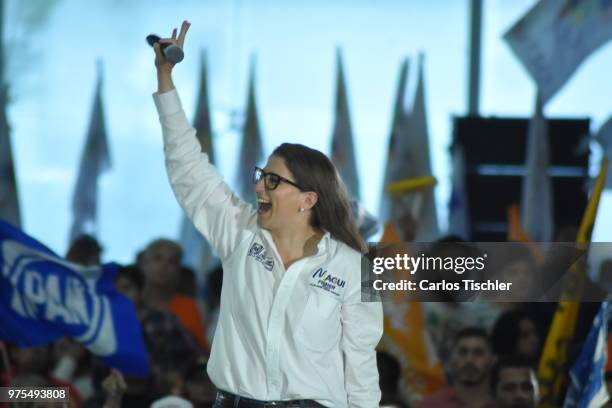 Magui Fisher, candidate for Coalition for Mexico to the Front waves to supporters during a Civic Gathering as part of Ricardo Anaya's election...