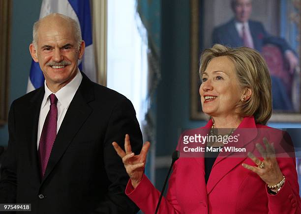 Secretary of State Hillary Clinton and Greek Prime Minister George Papandreou speak to the media after a meeting at the State Department on March 8,...