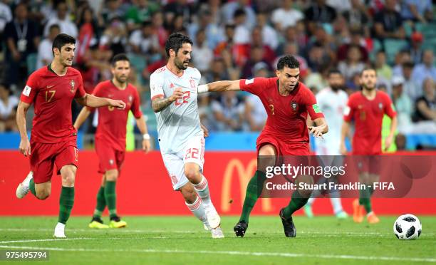 Isco of Spain and Pepe of Portugal battle for the ball during the 2018 FIFA World Cup Russia group B match between Portugal and Spain at Fisht...