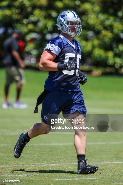 Dallas Cowboys linebacker Sean Lee runs downfield during the Dallas Cowboys mini camp practice on June 14, 2018 at The Star in Frisco, Texas.