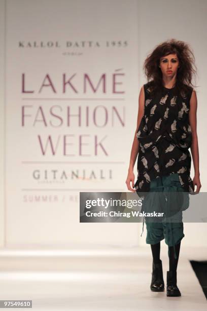 Model walks the runway in a Kallol Datta design at the Lakme India Fashion Week Day 4 held at Grand Hyatt Hotel on March 8, 2010 in Mumbai, India.