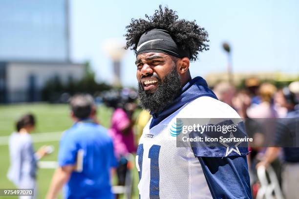 Dallas Cowboys running back Ezekiel Elliott walks to the locker room after the Dallas Cowboys mini camp practice on June 14, 2018 at The Star in...