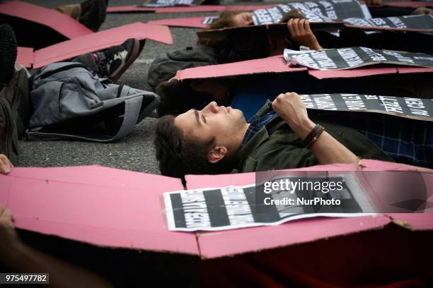 Several ONGs as Act'up organized a die-in near the La Grave hospital in Toulouse as the city council plans to sell the hospital to turn it in a...