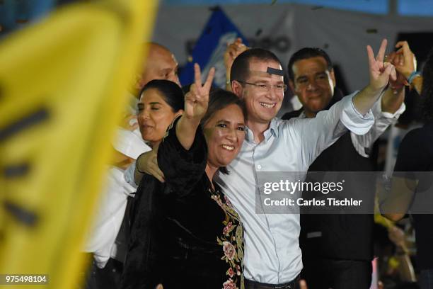 Ricardo Anaya, Presidential candidate for Mexico to the Front Coalition dances with candidate Xochitl Galvez during a Civic Gathering as part of...