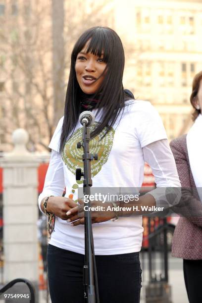 Model Naomi Campbell speaks at the Women For Women International "Join Me On The Bridge" Global Campaign at the Brooklyn Bridge on March 8, 2010 in...