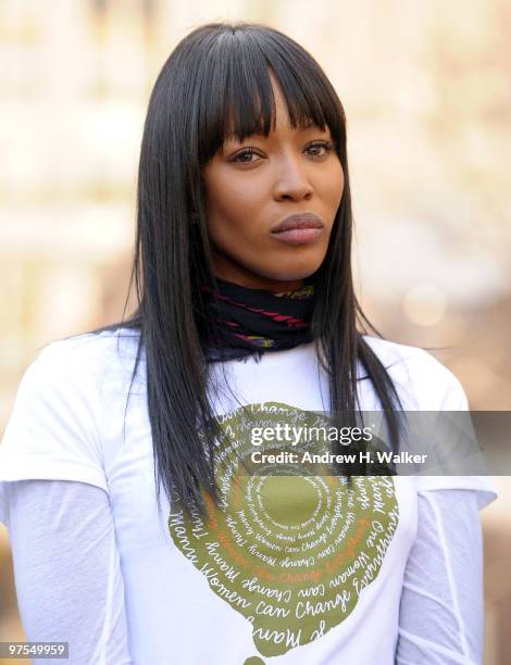 Model Naomi Campbell attends the Women For Women International "Join Me On The Bridge" Global Campaign at the Brooklyn Bridge on March 8, 2010 in New...