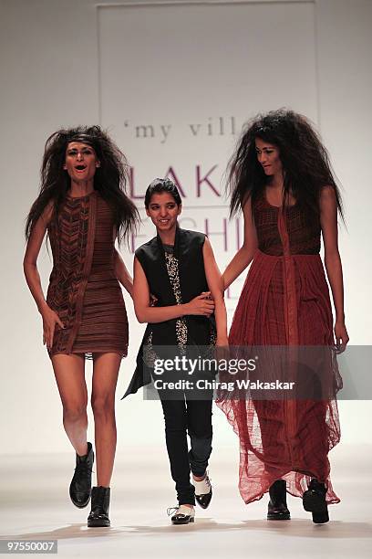 Fashion designer Rimzim Dadu walks the runway along with models at the Lakme India Fashion Week Day 4 held at Grand Hyatt Hotel on March 8, 2010 in...