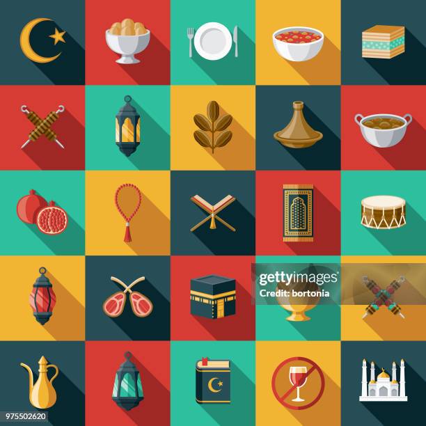 ramadan flat design icon set - prayer mat stock illustrations
