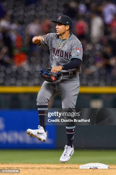 Jon Jay of the Arizona Diamondbacks celebrates a 9-4 win over the Colorado Rockies after a game at Coors Field on June 8, 2018 in Denver, Colorado.