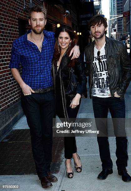 Musicians Charles Kelley, Hillary Scott and Dave Haywood of Lady Antelbellum visits "Late Show With David Letterman" at the Ed Sullivan Theater on...